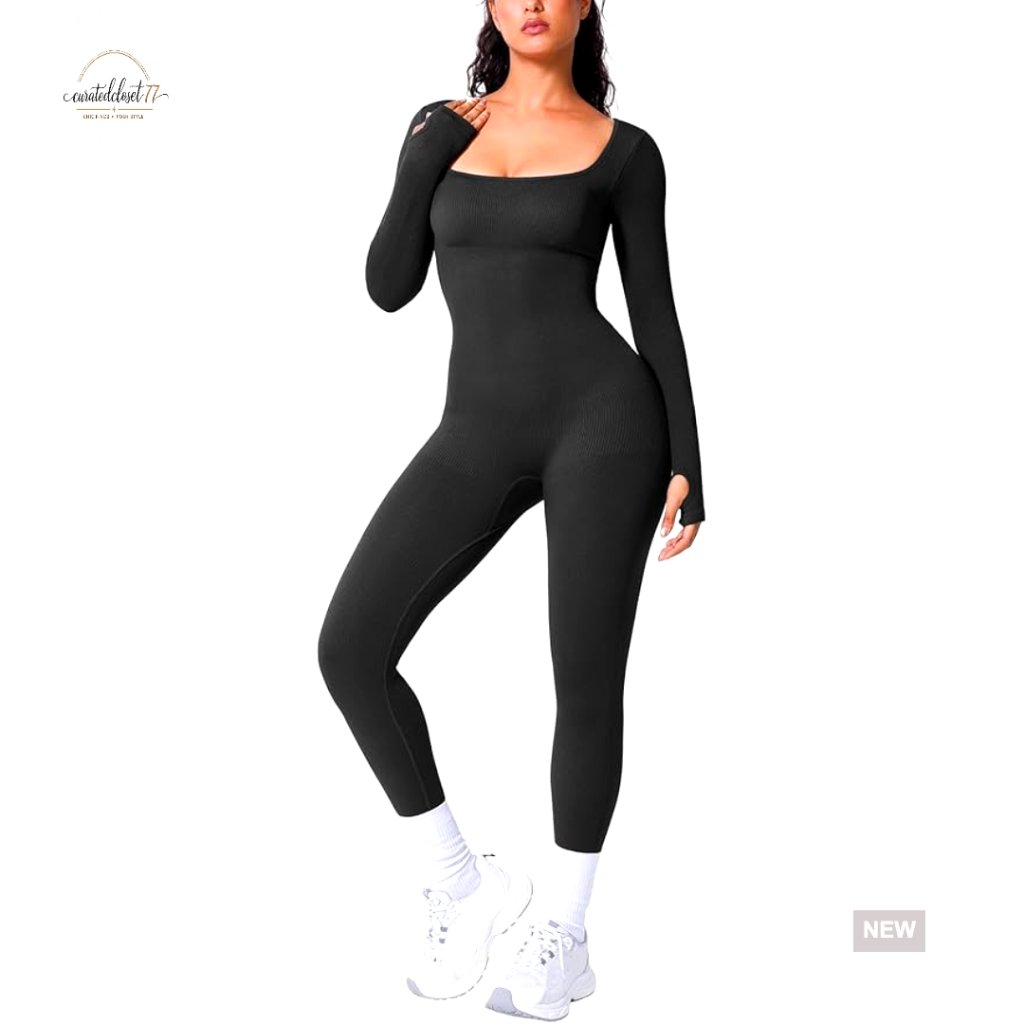 Medium Long Sleeve Jumpsuit Built-In Bra Shapewear Yoga Workout Bodycon
